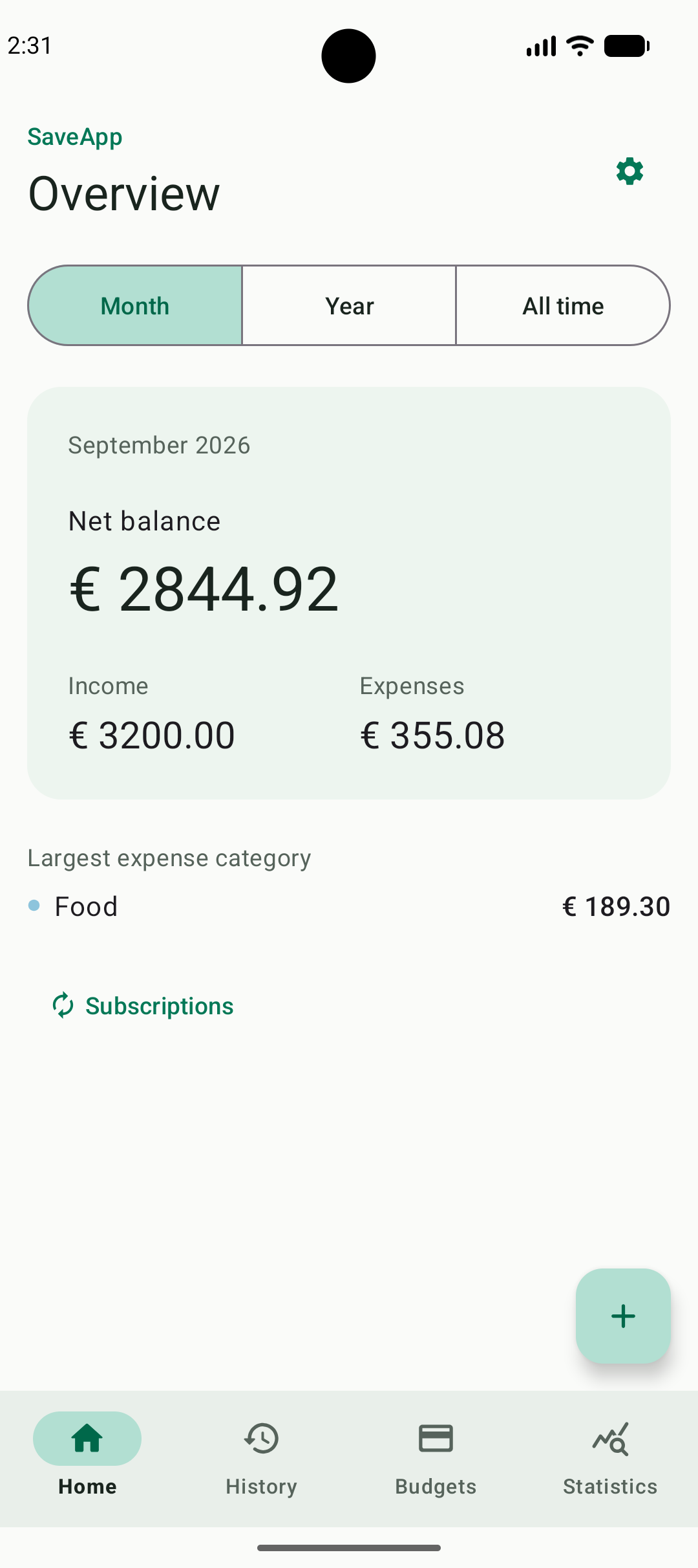 SaveApp home screen showing monthly and yearly summaries